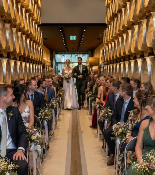 Hochzeitspaar im Fasslager die reinlaufen