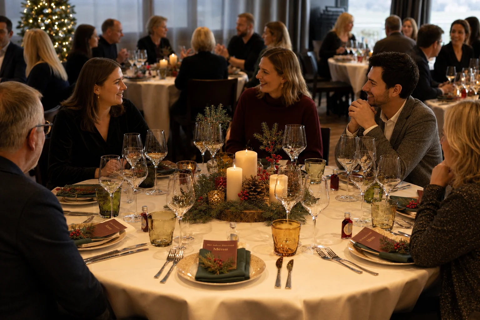 Abendessen Weihnachtsessen im Saal runde Tische